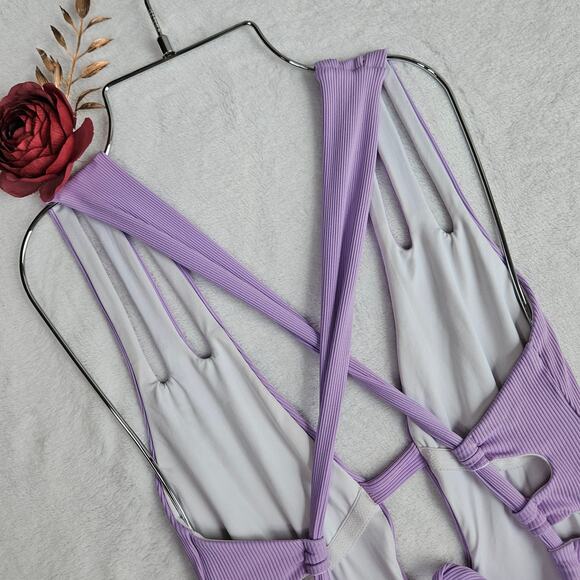 BECCA by Rebecca Virtue Fine Line Rib Skylar Plunge One-Piece Size Medium Purple - Picture 12 of 16